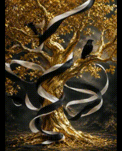 Animated golden tree with swirling silver ribbons dancing through its branches beneath a watchful bird.