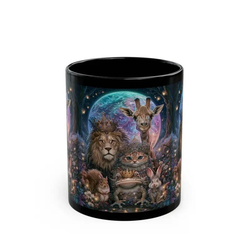 Black mug featuring a whimsical group of royal animals—a crowned lion, giraffe, cat, frog, squirrel, and rabbit—gathered in an enchanted forest beneath a glowing blue and purple moon.