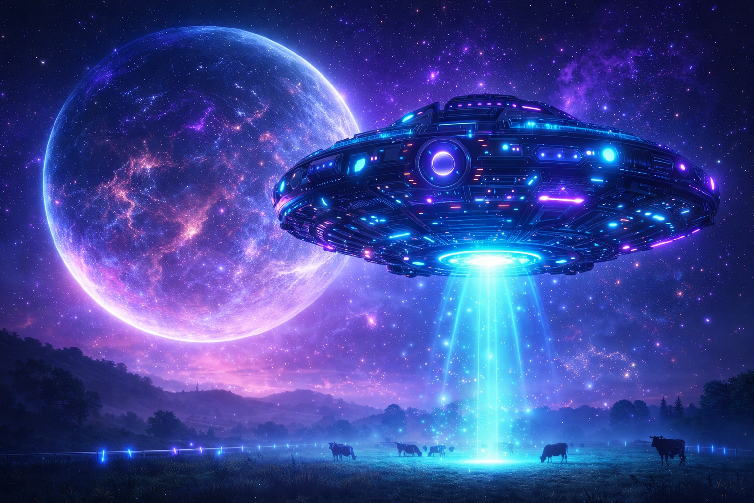 A glowing futuristic UFO hovers over a quiet pasture at night, shining a bright blue beam onto a field of cattle. A massive purple-blue planet fills the sky behind the spacecraft, surrounded by stars and colorful nebulea, creating a vivid sci-fi scene.