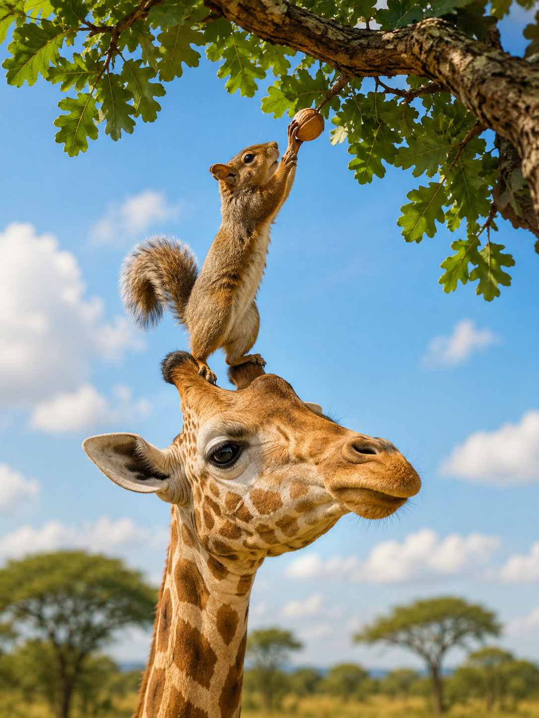 A playful squirrel stands on top of a giraffes head, stretching upward to reach a nut hanging from a tree branch. The scene takes place under a bright blue sky with green leaves overhead, creating a whimsical and lighthearted wildlife image.