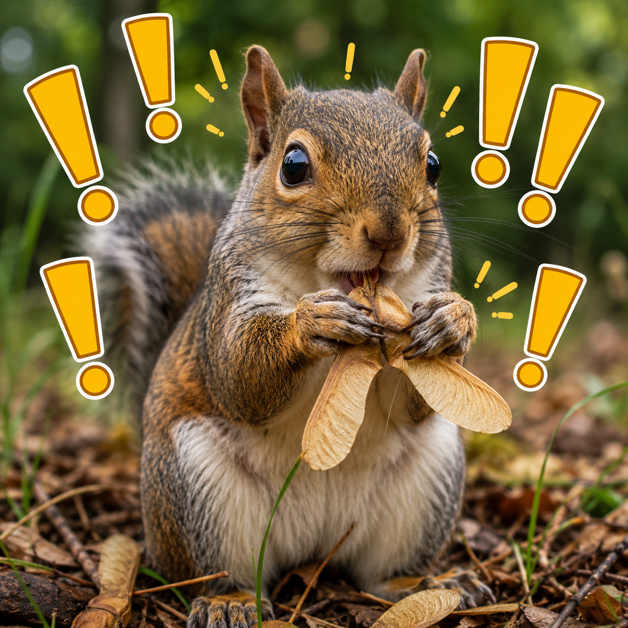 Funny image of an excited squirrel holding a winged maple seed in a forest. Large yellow exclamation marks surrounding the squirrel, emphasizing its enthusiasm for the seed and creating a playful, lighthearted scene.