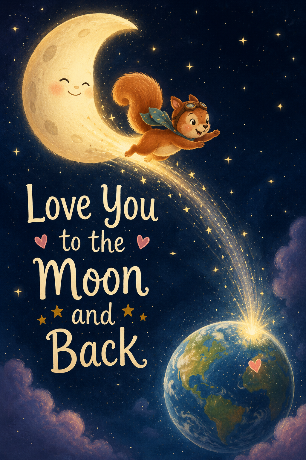 Whimsical greeting card featuring a smiling crescent moon launching a flying squirrel through a starry night sky. A sparkling trail arcs down to Earth below as the message 'Love You to the Moon
             and Back' appears in large cream-colored lettering.