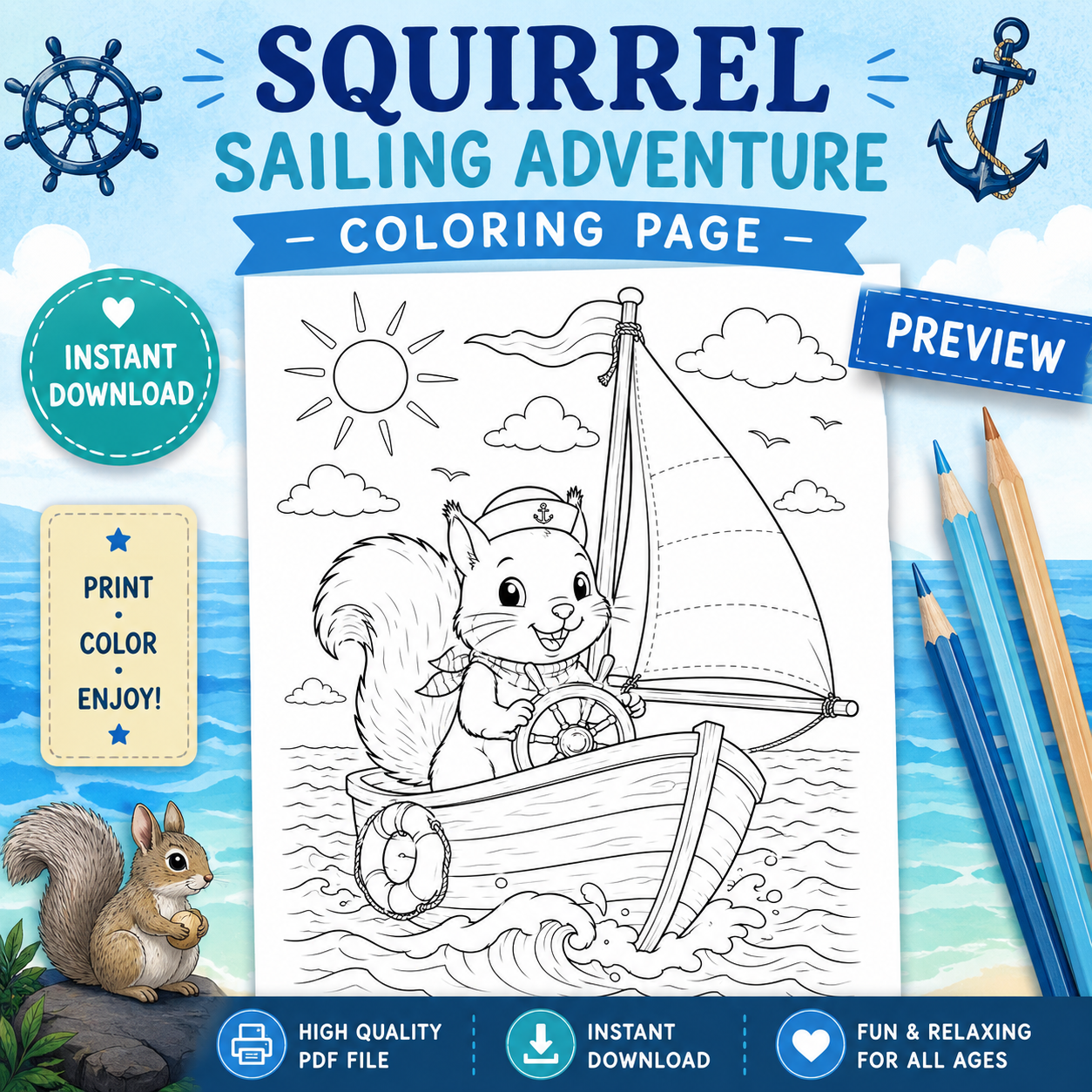 Squirrel Sailing Adventure Coloring Page preview featuring a smiling squirrel sailing a small boat on the ocean. Printable high-quality PDF with instant download, suitable for kids and all ages.