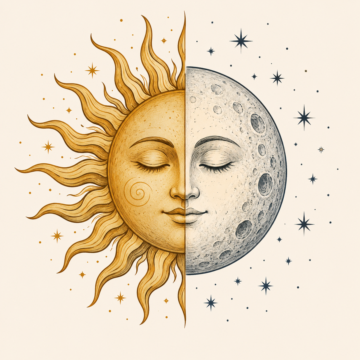 Artistic illustration of a sun and moon joined together as one face, with golden sun rays on one side and a star-filled night sky on the other.