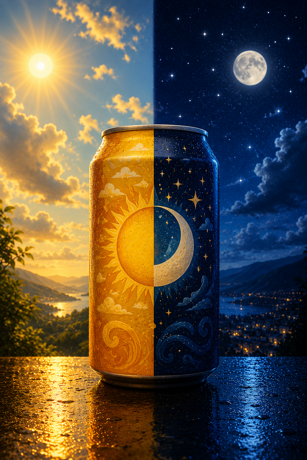 Illustrated soda can split between day and night, featuring a bright golden sun on one side and a crescent moon with stars on the other. The colorful can stands against
               a scenic backdrop showing sunshine and blue skies on one side and a moonlit night sky on the other, with water droplets covering the can.