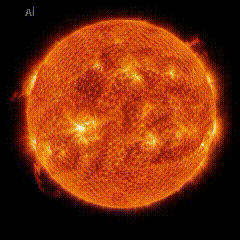 An animated image of the sun glowing bright orange against a black space background. Fiery solar flares and glowing plasma arc from the surface as the sun appears to shimmer and burn with intense heat.