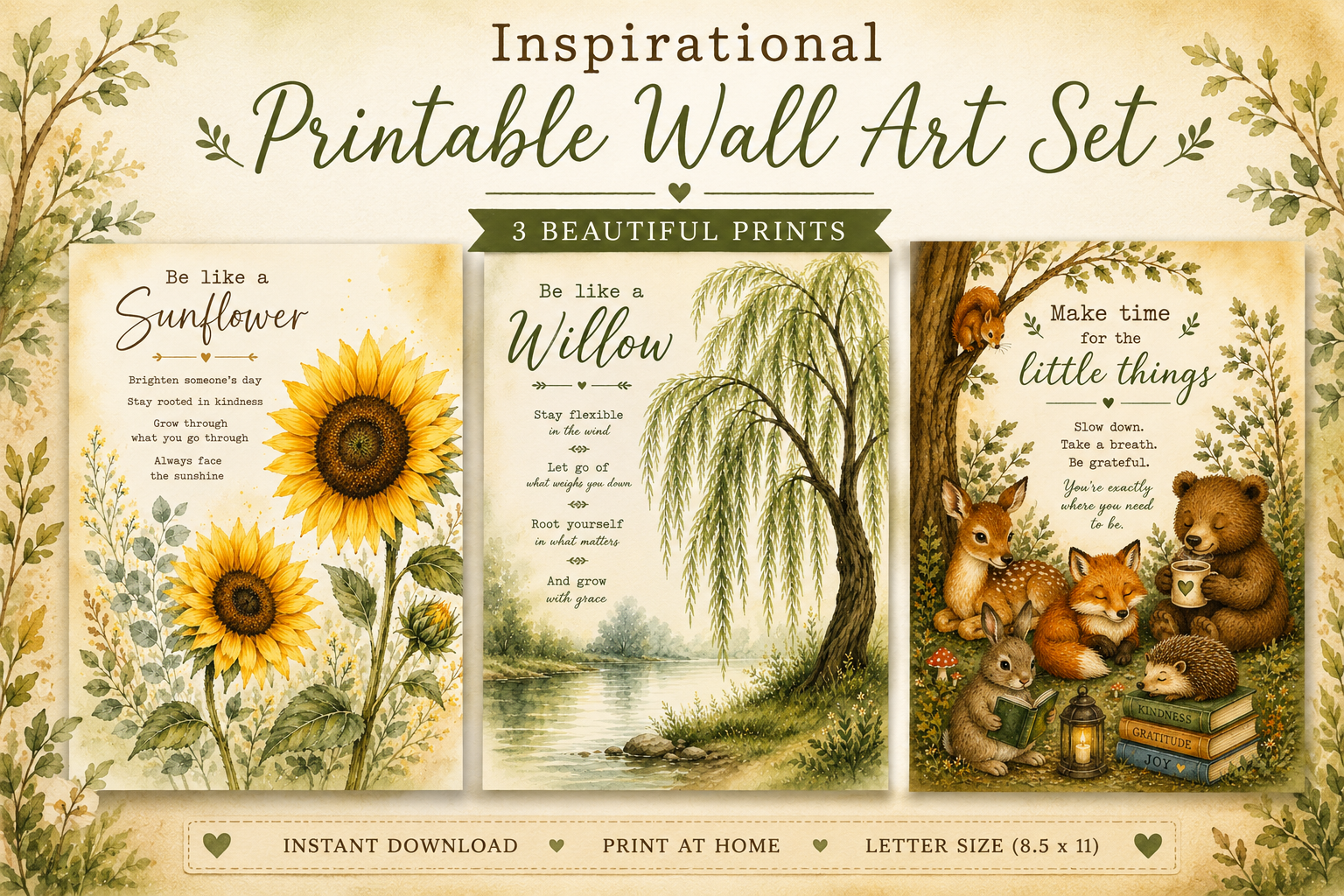 Promotional image for an inspirational printable wall art set featuring three printable designs: a sunflower with an uplifting quote, a peaceful willow tree illustration, and a woodland animal print with a fox, bear, and squirrel. The set is designed for instant digital download and home printing.