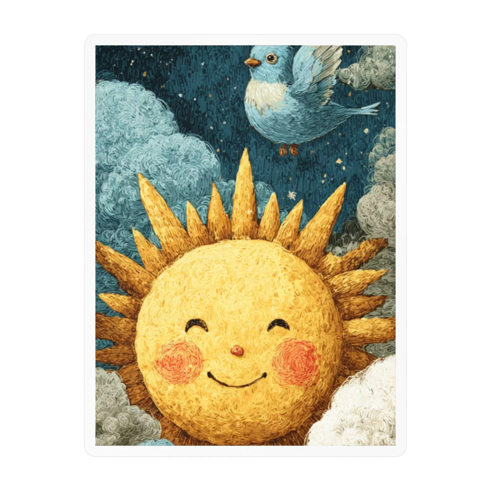 Preview image of a printable sticker featuring a smiling golden sun with rosy cheeks beneath a blue bird flying through fluffy clouds in a whimsical storybook-style sky. Perfect for planners, journals, scrapbooks, laptops, water bottles, and other creative projects.