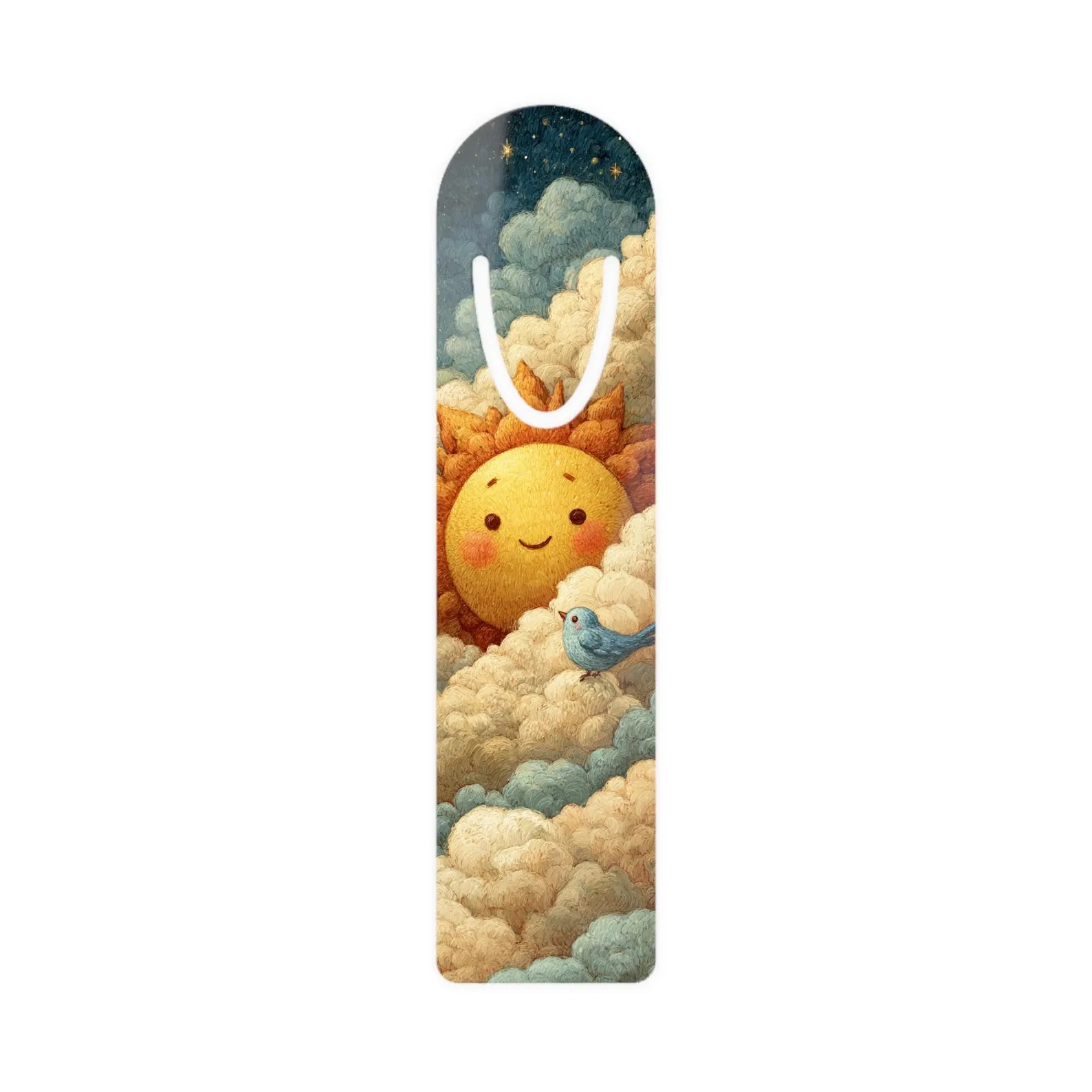 Bookmark featuring a bright sun and bluebird illustration