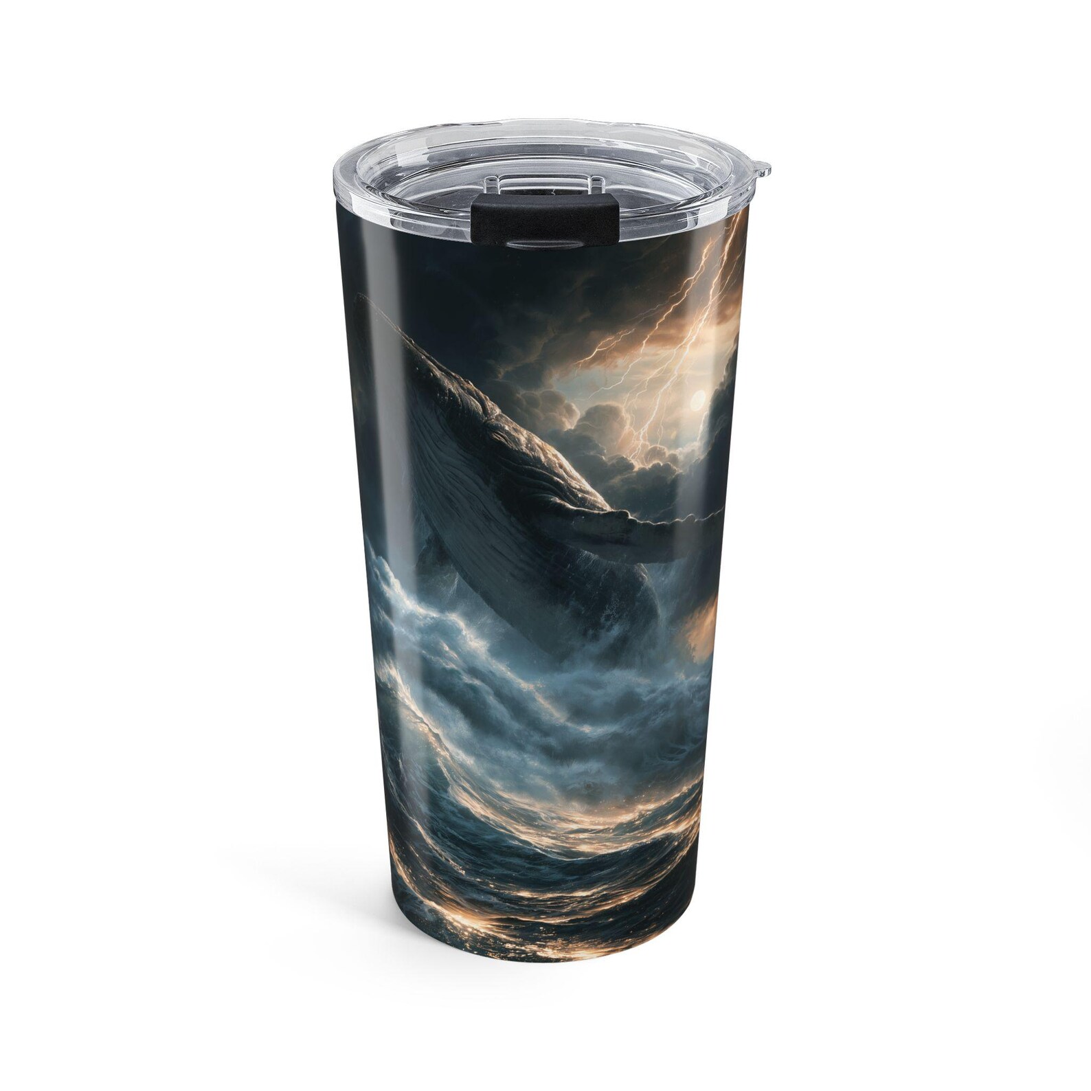 Mockup of a 20oz tumbler featuring a stormy sea wave design with dark clouds and a whale silhouette, displayed on a light neutral background.