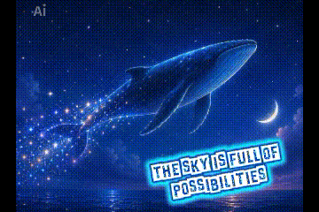 Animated GIF card featuring a glowing blue whale soaring through a star-filled night sky above a calm ocean. As the whale glides through the air, sparkling stars trail behind it, illuminating the clouds and crescent moon. Text reads: 'The Sky Is Full of Possibilities.' 