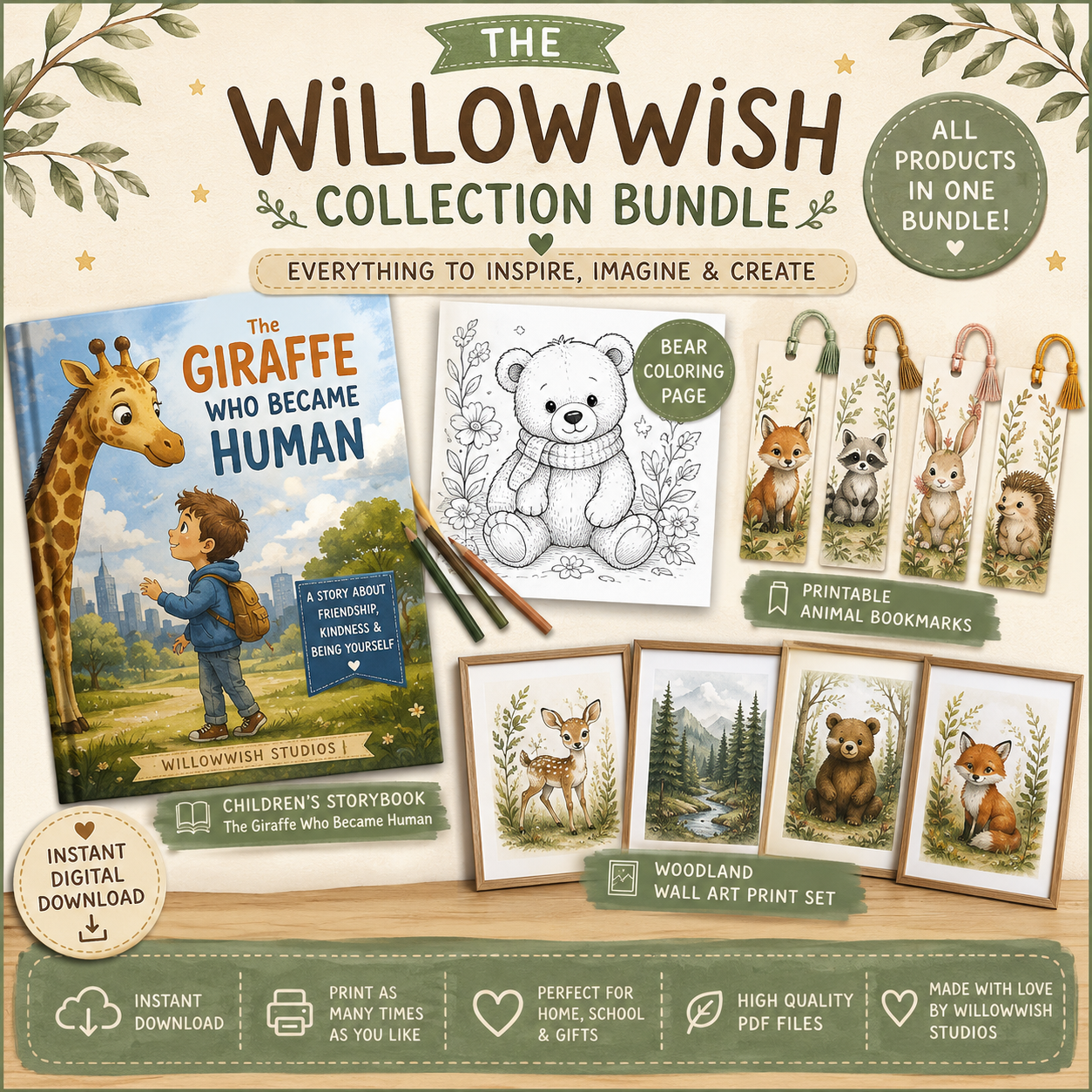 Promotional image for the WillowWish Collection Bundle, a digital download featuring a curated set of printable products including greeting cards, coloring pages, bookmarks, and wall art. The bundle is designed for instant download and home printing, offering a variety of creative and inspirational designs.