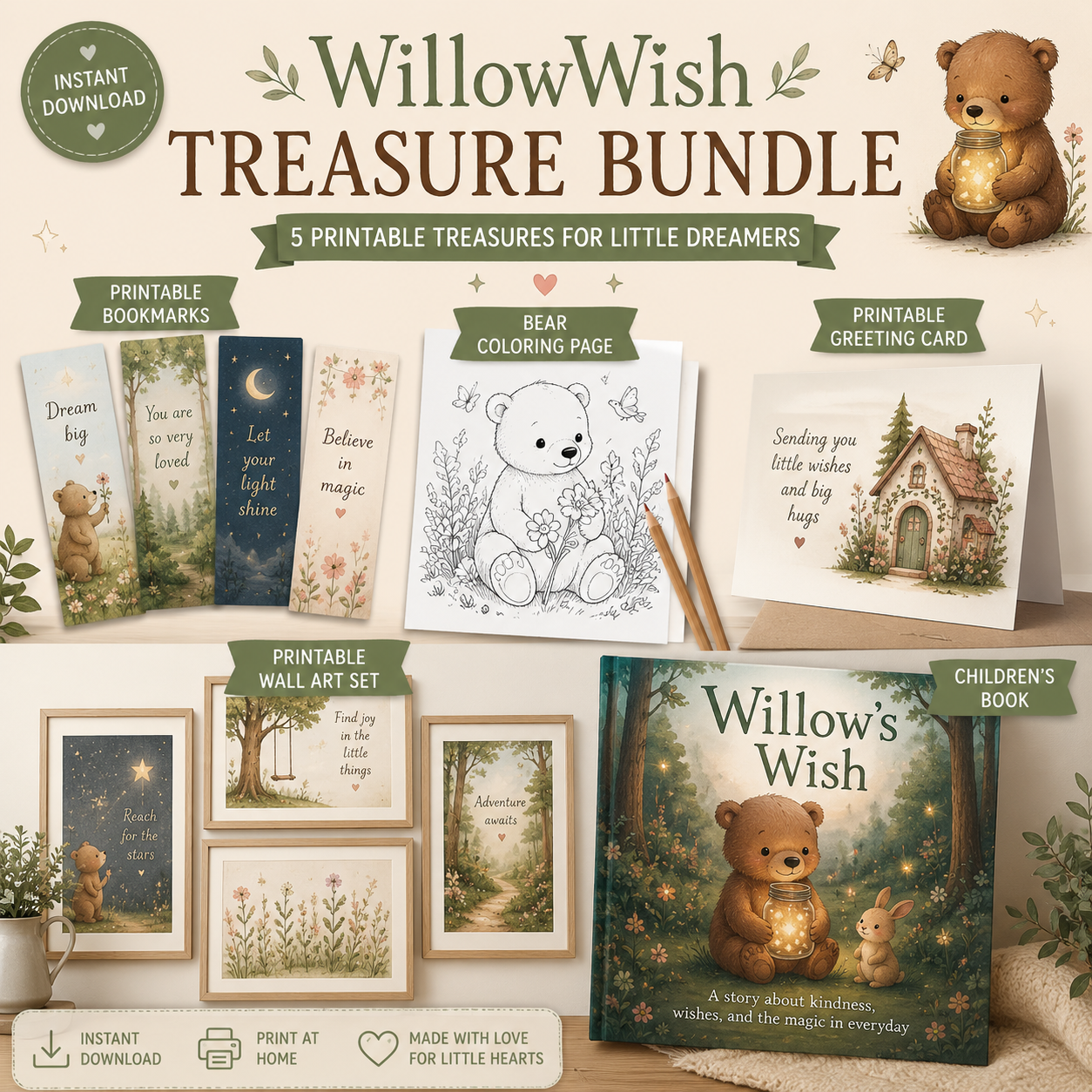 WillowWish Treasure Bundle listing featuring five printable digital downloads: a children's book, animal bookmarks, bear coloring page, printable greeting card, and printable wall art set in a cozy woodland theme.